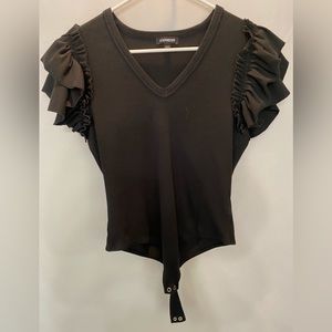 Express ruffle sleeve v neck thong bodysuit